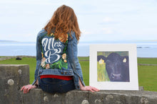 Load image into Gallery viewer, Head of a black Aberdeen Angus calf set against a vivid green and yellow background. Lovely Orkney colours. Painted at Britt's home family farm, Quanterness. Signed and numbered by the artist.
