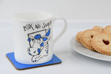 Load image into Gallery viewer, Blue and white illustration on white mug. Exactly how Britt takes her tea...Milk No Sugar!  Illustrated by the artist as part of her &#39;Rural Committee&#39; range.  Available with matching blue coaster and gift box.  Microwave and dishwasher safe. Fine Bone China keeps your drink hotter for longer.
