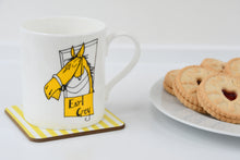 Load image into Gallery viewer, Yellow horse designed by Britt printed on white fine bone china mug. Earl Grey wording. Suitable for horse lovers and earl grey tea guzzlers alike.
