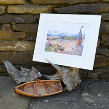 Load image into Gallery viewer, Colourful and full of life. These Stromness prints are a three-part series by Britt. The Originals were done using watercolour paint and pencils on textured paper. Popular with visitors and locals alike. The artwork helps describe the quirky architecture of Stromness town and the view down to the boats at the pier. Each signed and numbered by Britt.