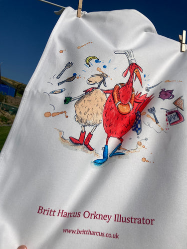'Janice' tea towel. Cheery and colourful design with sheep and cockrel. 100% cotton, 30 deg wash. Made in the UK. Comes with hand corner hook.