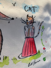 Load image into Gallery viewer, Close up of Cat from Britt’s Dog v Cat Tea towel. Stripey ginger cat sitting on red bucket.
