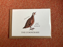 Load image into Gallery viewer, Corncrake card beautifully illustrated by Britt Harcus for the Stromness Museum, Orkney. Blank inside for your own message. A6 size, comes with a brown envelope.
