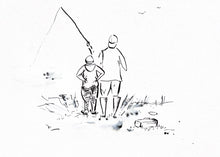 Load image into Gallery viewer, A minimalist black ink sketch on a white background depicting two people standing outdoors near a fishing rod and a small boat or dock.
