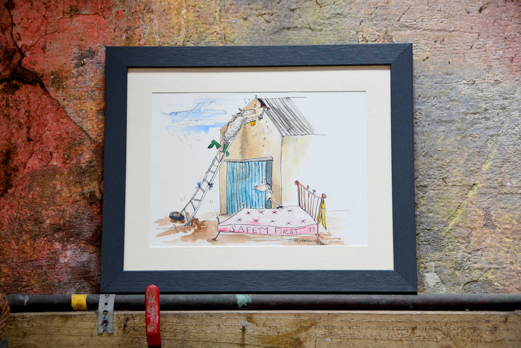 Roofing tips from the sheepish safety team.  Original illustration by Britt for The Orkney Farmer Magazine.  Cream mount with blue/grey wooden frame. Ready to hang. Approx size of artwork A4. Signed by the artist.