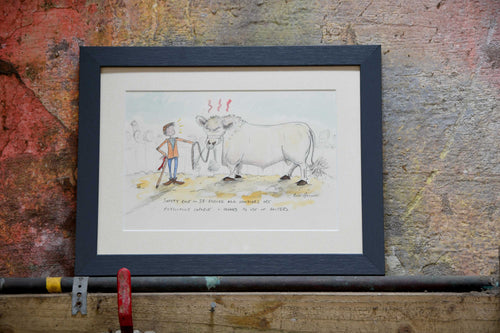 'Ensure all handlers are physically capable and trained in use of halters' - Original illustration signed by Britt for The Orkney Farmer Magazine.  Ideal for the cattle handler in your household.  Approximate artwork size A4. Cream mount, grey/blue stained wooden frame. 