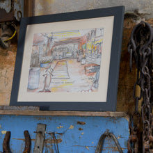 Load image into Gallery viewer, Original artwork by Britt Harcus. Completed for The Orkney Farmer Magazine. Comedy sketch about the poor collie dog who&#39;s lost his goggles in the farm workshop.  Framed in blue/grey stained wood, cream mount and behind glass. Signed by Britt. 
