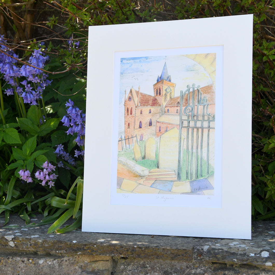 This limited print is one of 25. A4 sized. St Magnus Cathedral taken from an Original done in watercolour and pencil. Signed and numbered by the artist