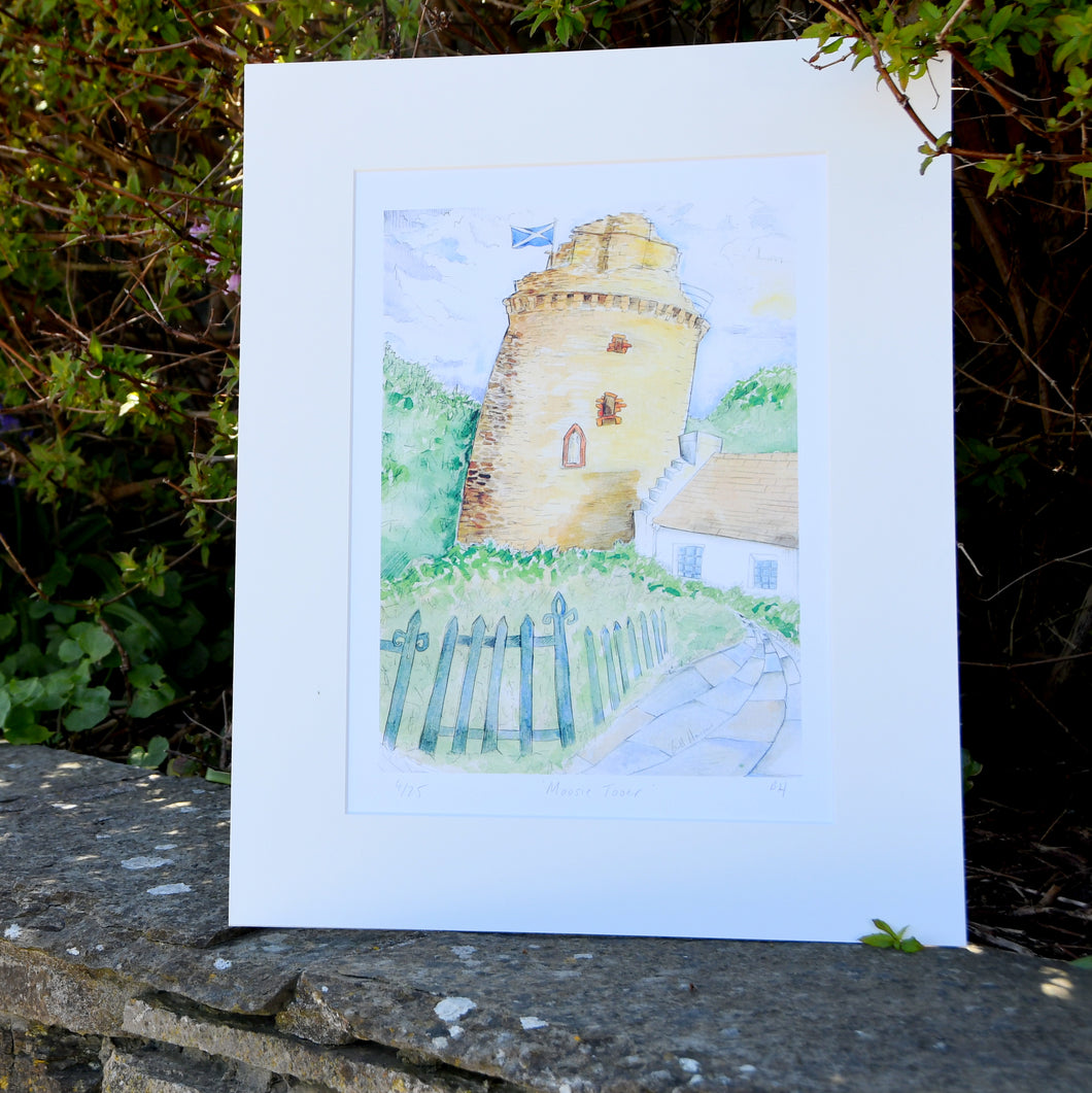 This print is done in watercolour and pencil and depicts the 12th Century Bishop's Palace in Kirkwall. This impressive tower was added on much later in the 16th Century. It has been described here with plenty of character and also features the Scottish flag. Signed and numbered by Britt. 25 in the print run.
