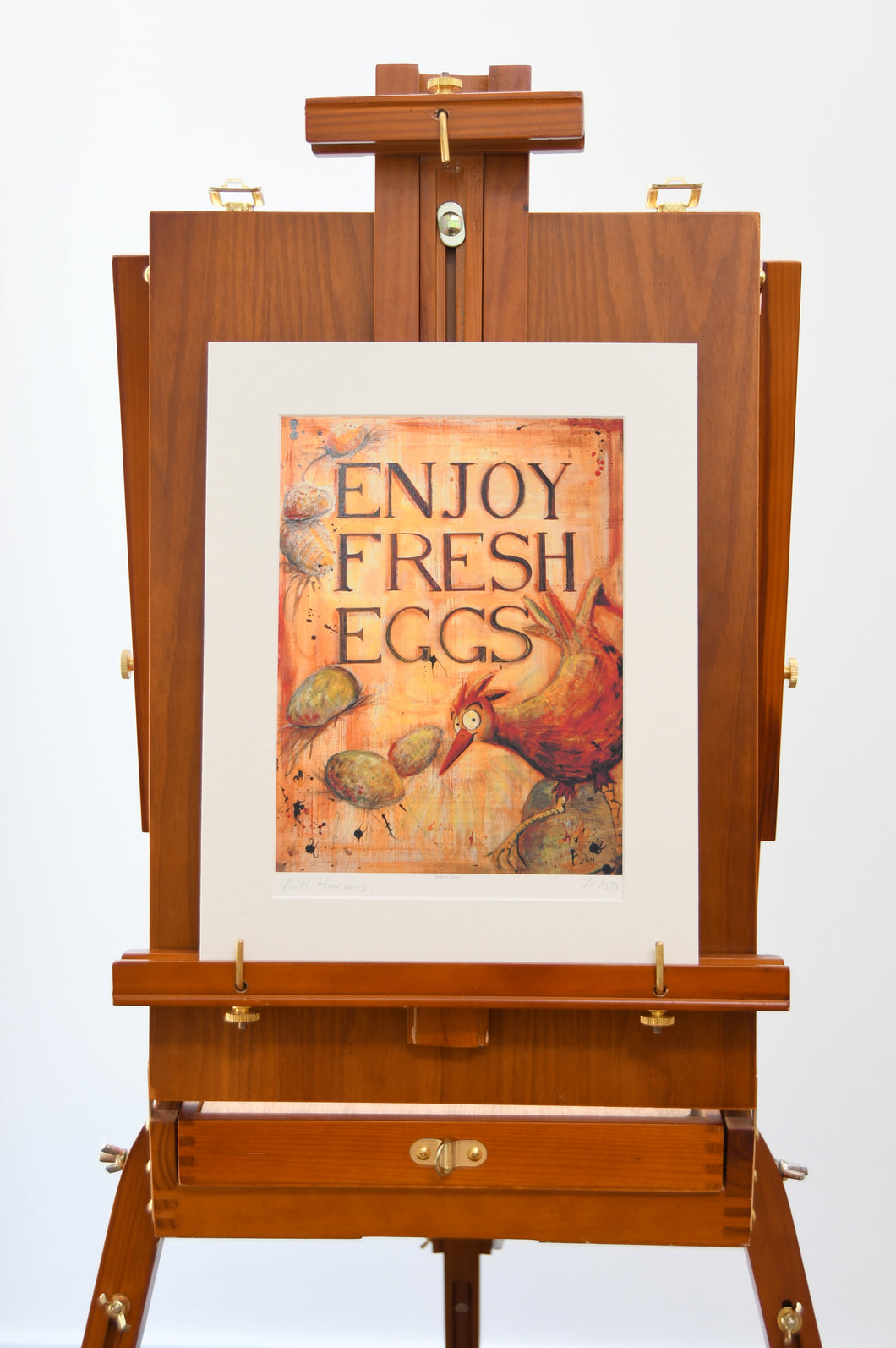 Enjoy Fresh Eggs is a Limited Edition Print, therefore each one is numbered and signed by Britt. Taken from an Original acrylic painting on canvas this A4 sized print is memorable and striking. Perfect for your home or a friends'.
