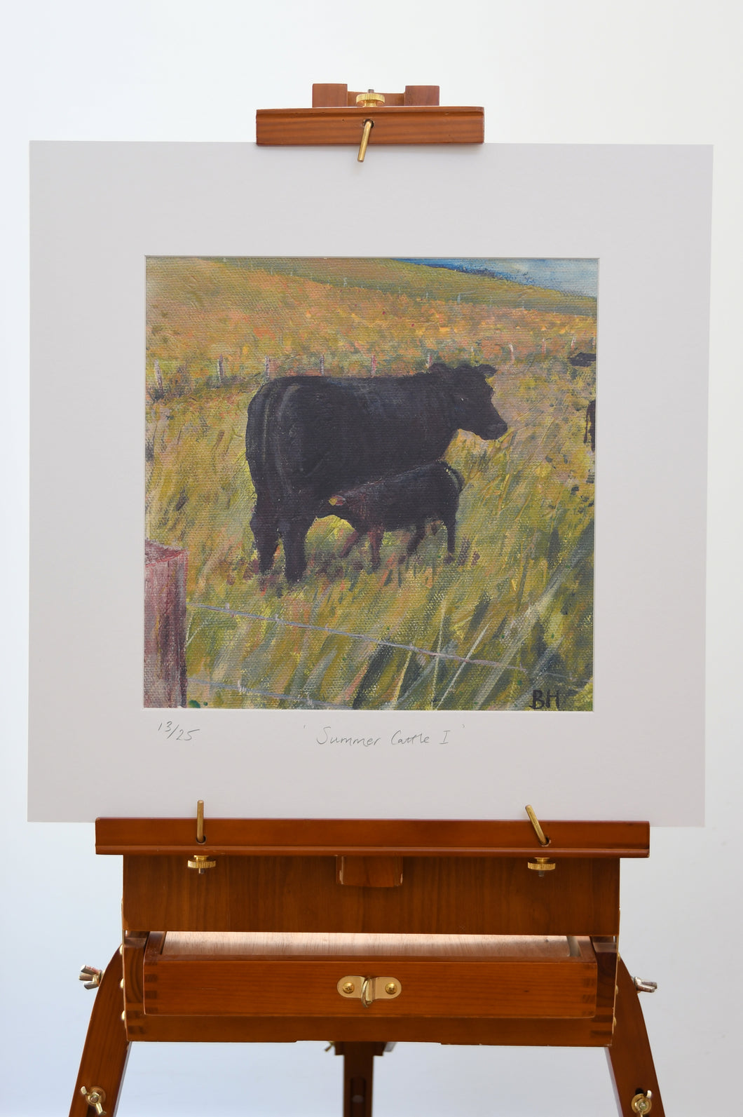 Taken from an Original acrylic painting on canvas, this print depicts a summery scene at the family farm. The Aberdeen Angus cow with newborn calf at foot, vivid green grass and buttercups blowing in the Orkney wind.  Dimensions of print are 31cm x 31cm.
