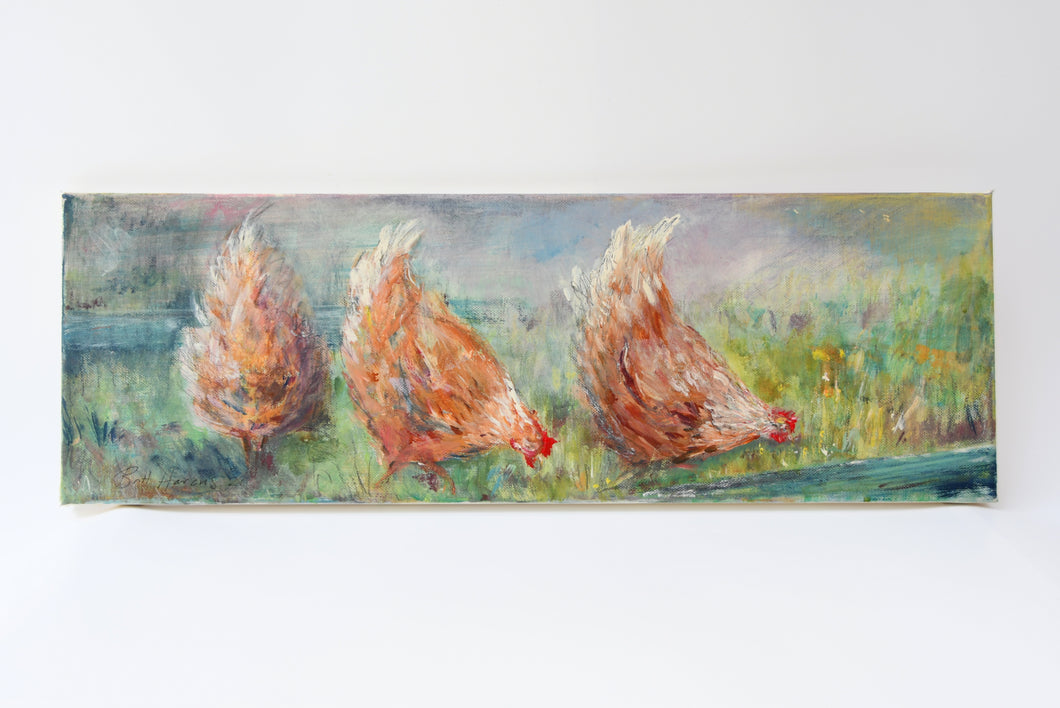 These three little ladies belong to Britt's boys. The red hens were painted in one portrait sitting. They did not sit still or behave. They love digging holes in Britt's garden. Done in acrylic paint on canvas these little red hens are full of energy and life.  Enjoy!